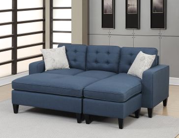 Reversible 3pc Sectional Sofa Set Navy Tufted Polyfiber Wood Legs Chaise Sofa Ottoman Pillows Cushion Couch