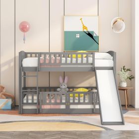 Bunk Bed with Slide; Twin Over Twin Low Bunk Bed with Fence and Ladder for Toddler Kids Teens