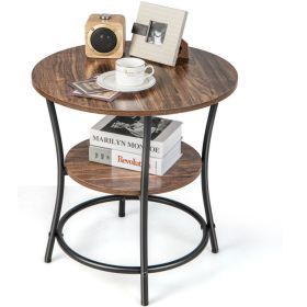 2-Tier Round End Table with Open Storage Shelf and Sturdy Metal Frame (Color: Brown)