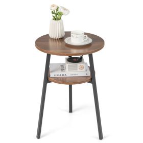 2-Tier Round End Table with Open Shelf and Triangular Metal Frame (Color: Walnut)