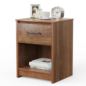 Wooden End Side Table Nightstand with Drawer Storage Shelf (Color: Brown)